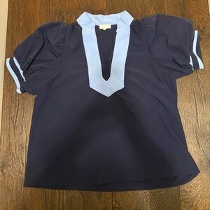 SOLD 🚫 Entro Navy Short-Sleeve Blouse with Light Blue Trim